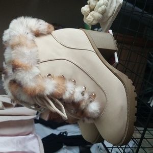 Faux rabbit fur boots beige white tan